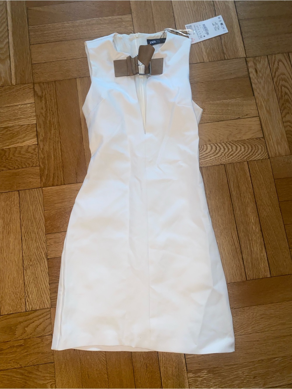 Zara White Mini Dress with Tan Bow Detail